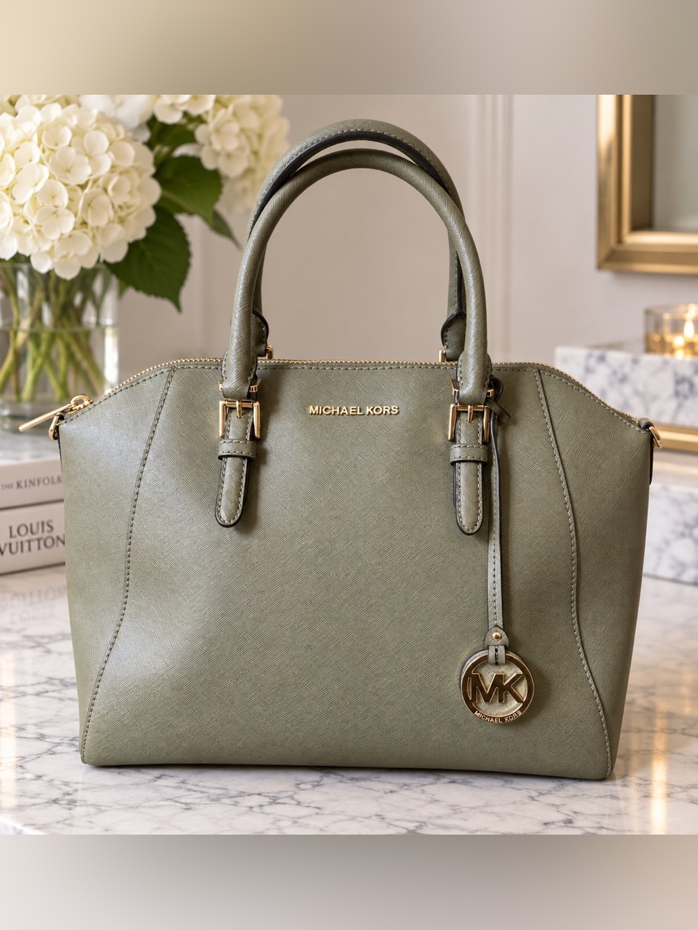 Michael Kors Olive Green Saffiano Leather Satchel with Gold Hardware
